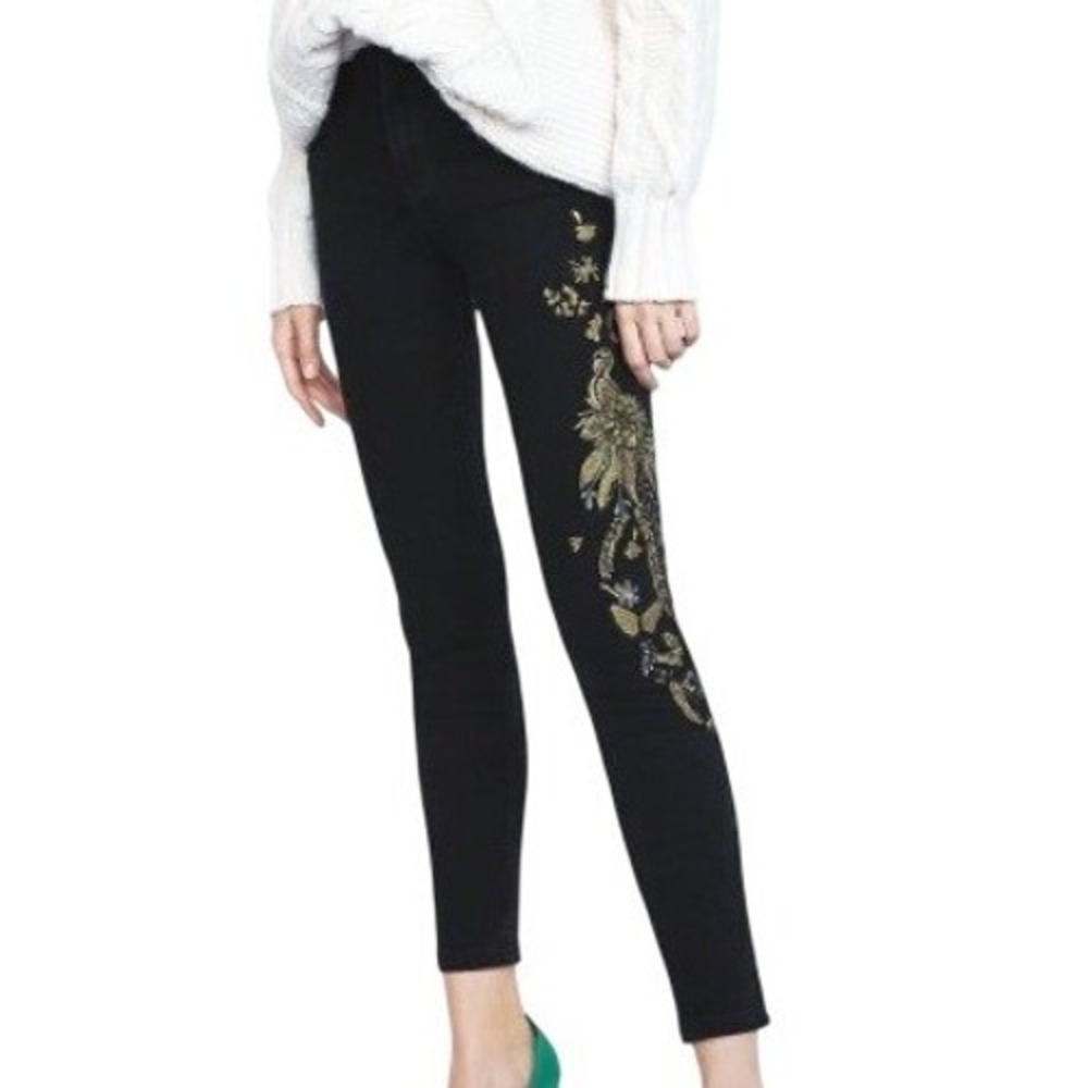 Zara Trafaluc‎ Black Denim Embroidered Beaded Jeans Size 4